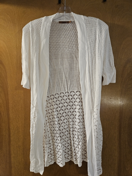 Belldini Tops - Belldini Cream Open-Weave Crochet Tunic Cardigan